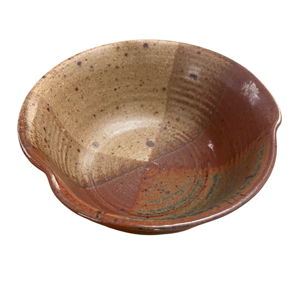 Studio Pottery Signed JP Handcrafted Stoneware Bowl Earthy Glaze Wavy Rim 7.75"